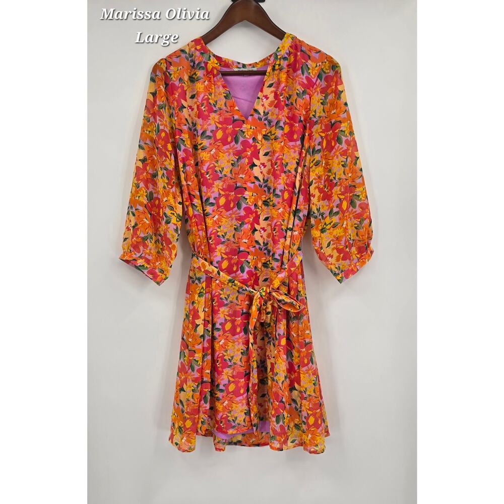 Marissa Olivia‎ Floral Tie Waist Dress L Bright Warm Pink Orange Yellow Mini